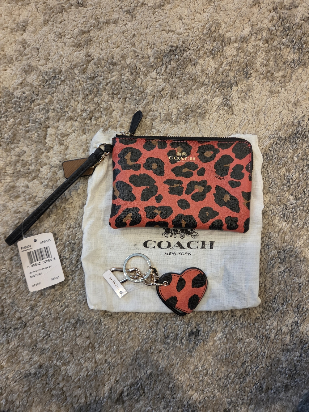 COACH - Red Leopard Print Wristlet + Keychain (authentic)